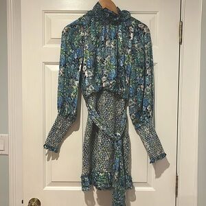 elliatt marsa floral print smocked bodycon high neckline long sleeve mini dress